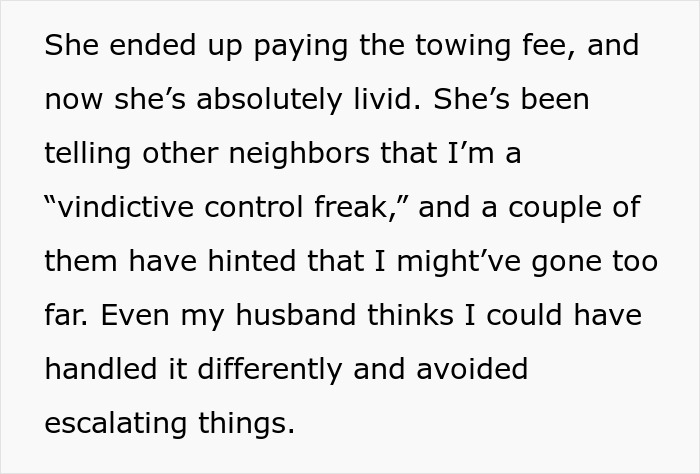 Text about a dispute over neighbor parking car unauthorized, mentioning towing fees and escalating tensions.