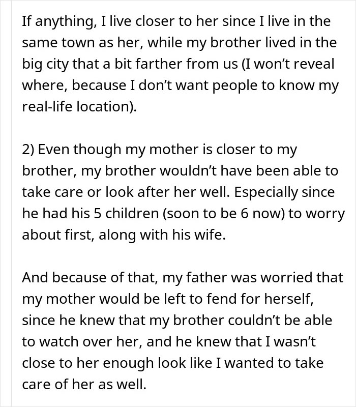 Text about a woman concerned her mother will leave inheritance to her brother, questioning her next steps.