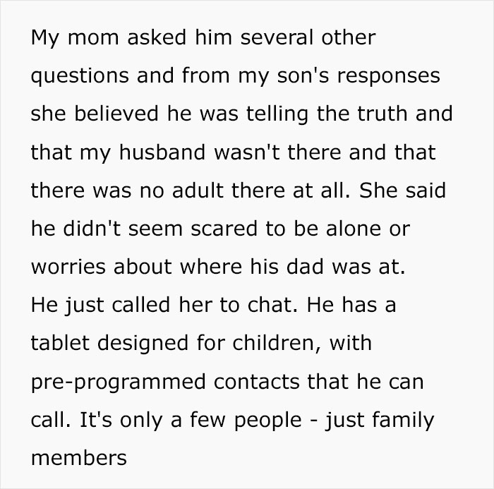 Text discussing husband's denial of leaving children home alone and wife's confusion about the situation.