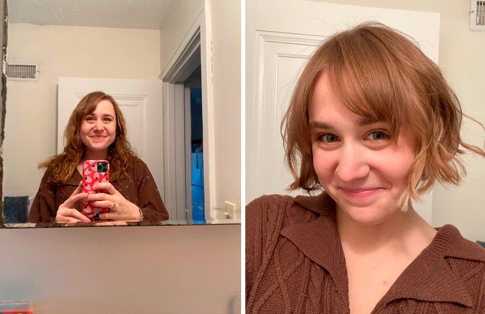 Woman smiling in before and after photos, showcasing complete haircut change.