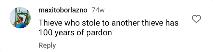 Instagram comment about theft, mentioning "100 years of pardon," related to Lithuanian man's fake invoice incident.