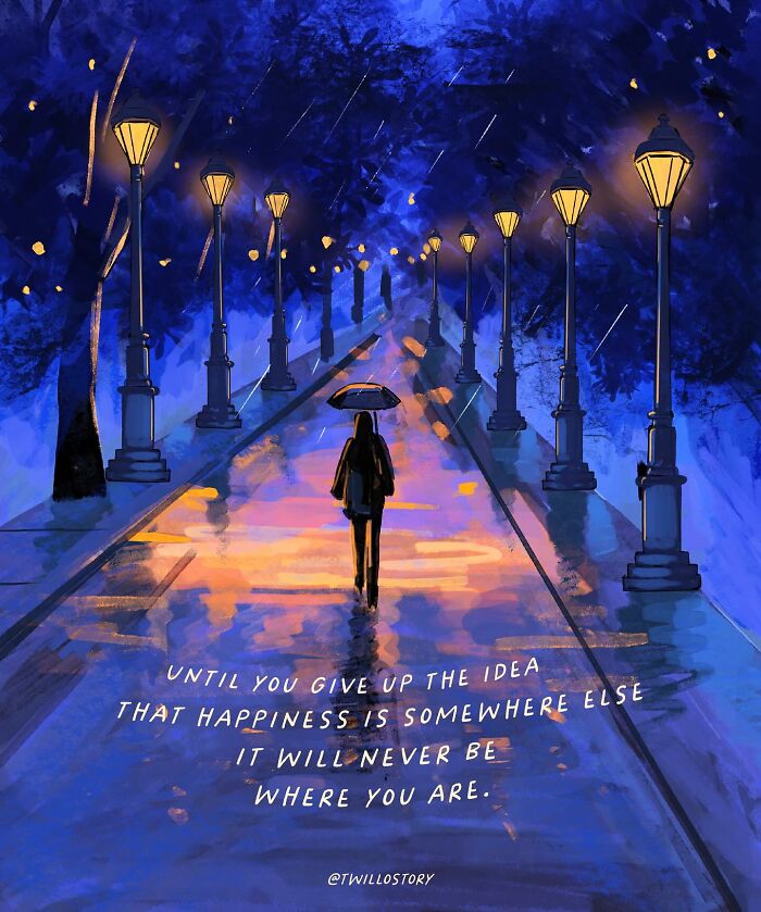 Illustration of a person with an umbrella on a lit pathway, promoting mental wellness and positivity.