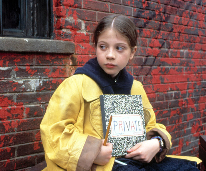 Child actor in a yellow coat holding a notebook labeled "Private" by a brick wall, capturing a moment from Nickelodeon fame.