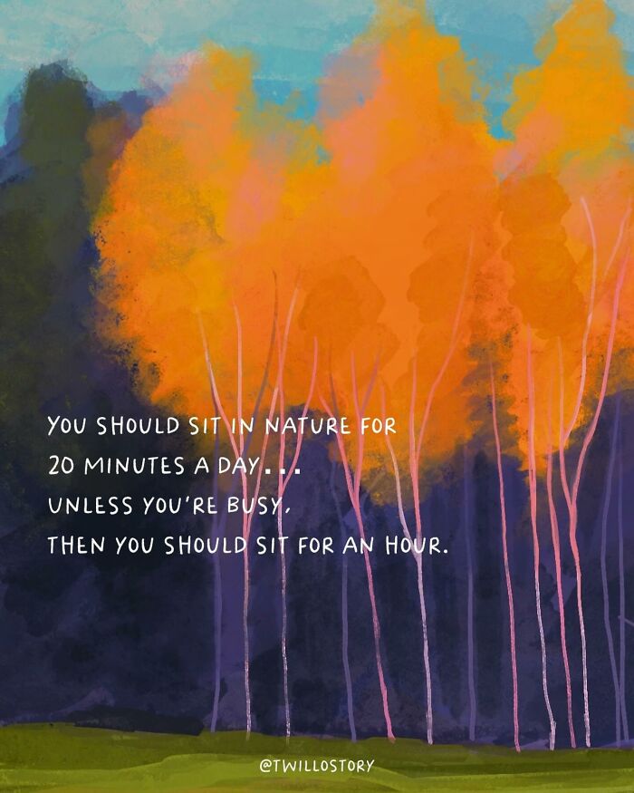 Illustration for mental wellness featuring vibrant trees and text on relaxation in nature.