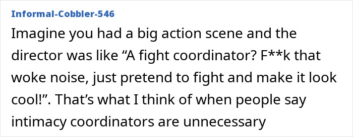 Text from a comment discussing the necessity of intimacy coordinators, comparing them to fight coordinators.