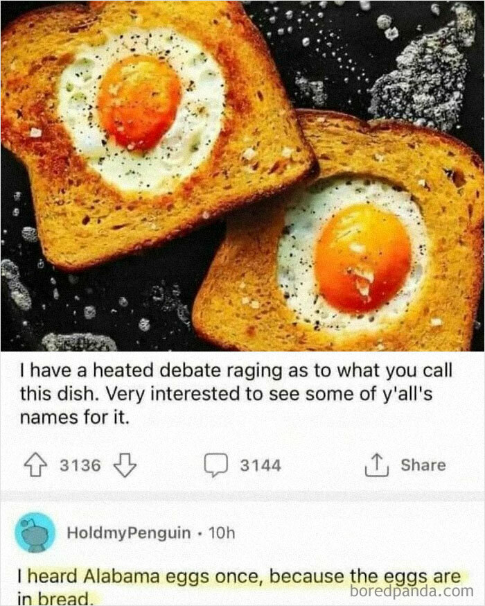 Two slices of toast with cooked eggs in the center, sparking a cooking meme debate.