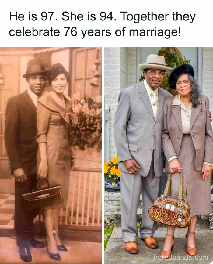 Elderly couple celebrating 76 years of marriage in vintage and modern photos, sharing heartwarming joy.