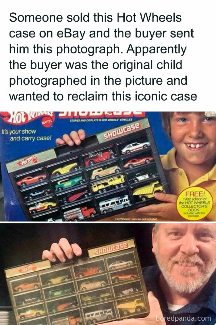 Man happily holding Hot Wheels case, reminiscent of a joyful childhood memory, showcasing heartwarming nostalgia.