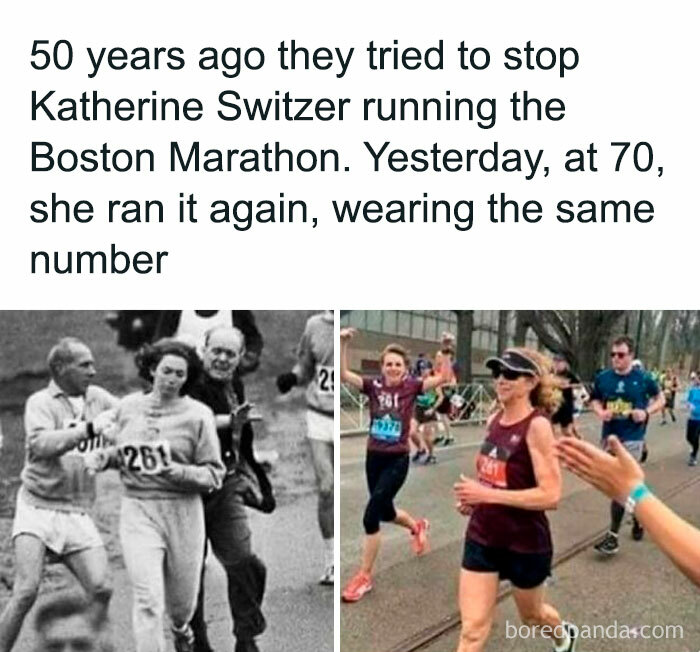 Boston Marathon runner 50 years apart, highlighting perseverance and joy.