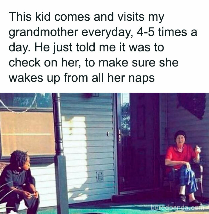 Young boy sitting on a porch visiting an elderly woman, showcasing heartwarming daily acts of kindness.