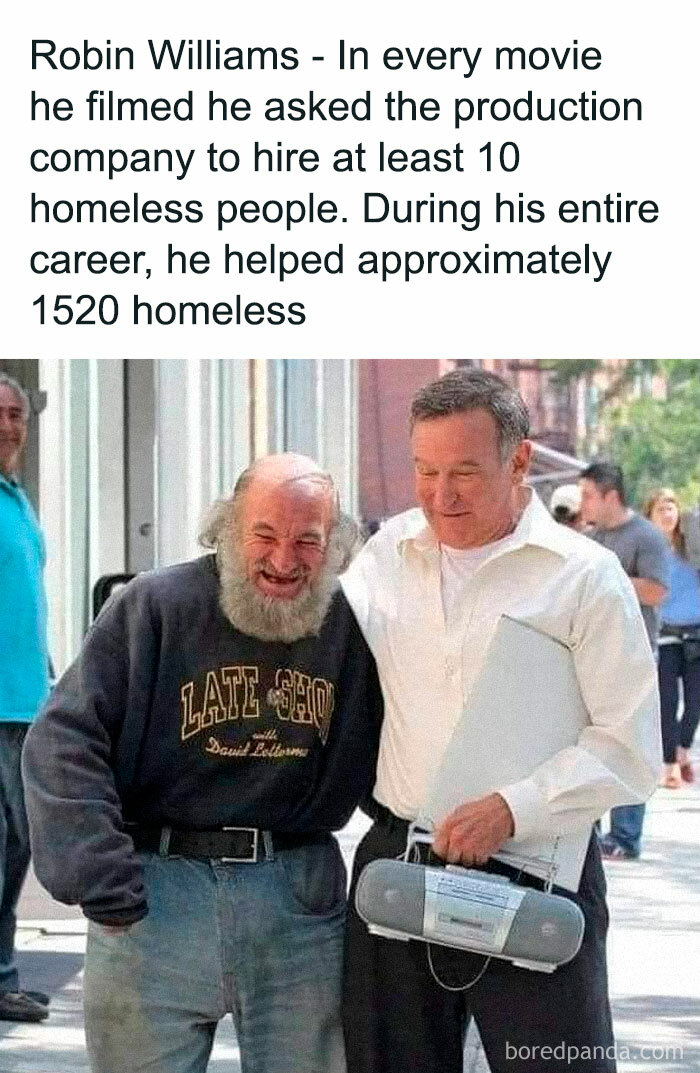 Two men smiling, one holding a folder and cassette player. Text highlights efforts to help homeless. Heartwarming moment shared.