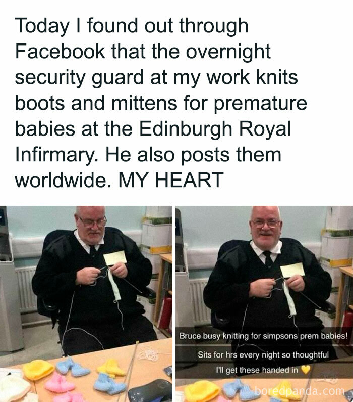 Security guard knitting mittens for premature babies, spreading joy worldwide. Heartwarming image of kindness and care.