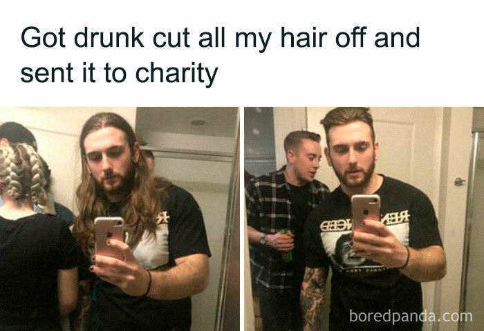 Man shares heartwarming transformation, cutting long hair for charity in a joyful meme.