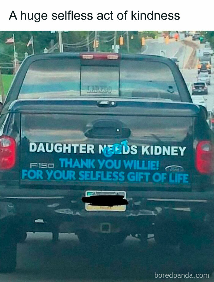 Truck with message thanking Willie for kidney donation, showcasing a heartwarming act of kindness and joy.