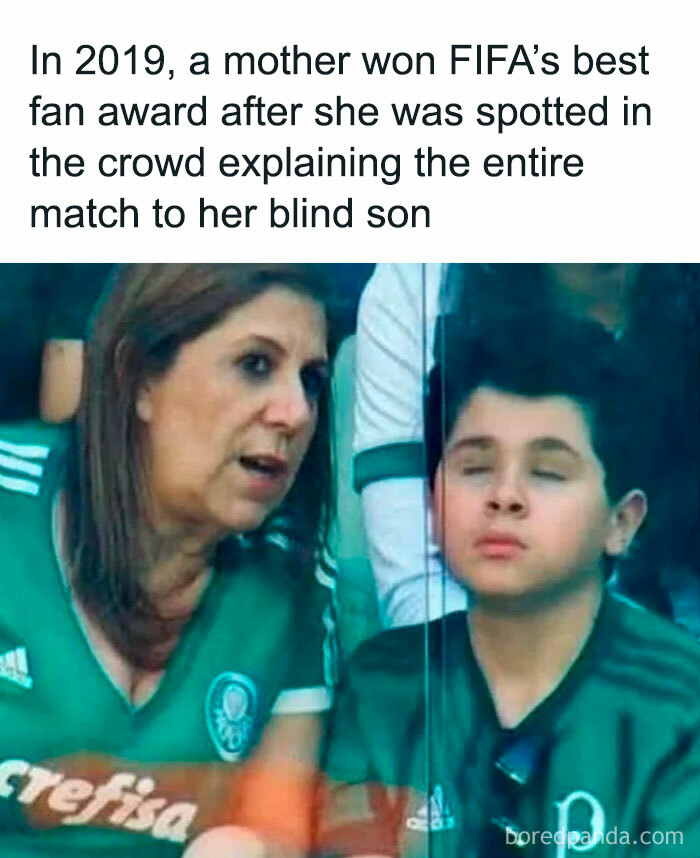 Mother explaining football match to her blind son, awarded for being FIFA's best fan. Heartwarming moment.