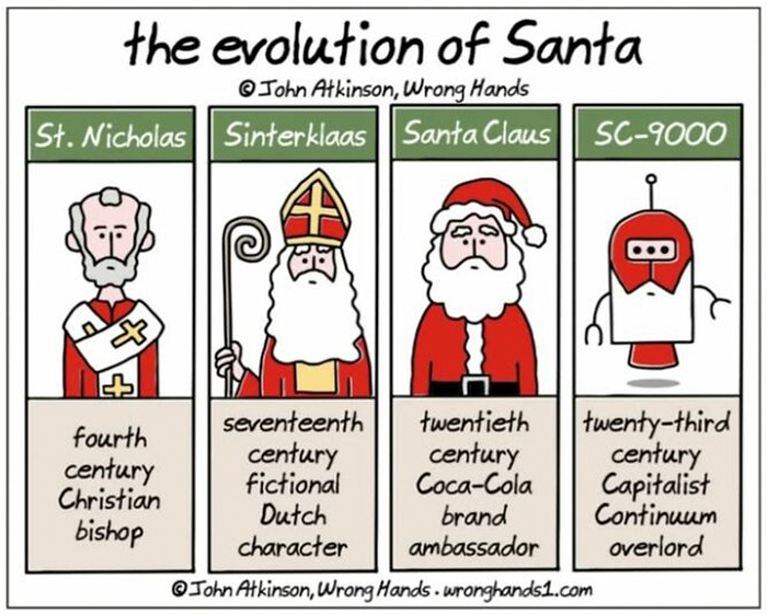 Comic by John Atkinson showing Santa&rsquo;s evolution from St. Nicholas to SC-9000, highlighting cultural references.