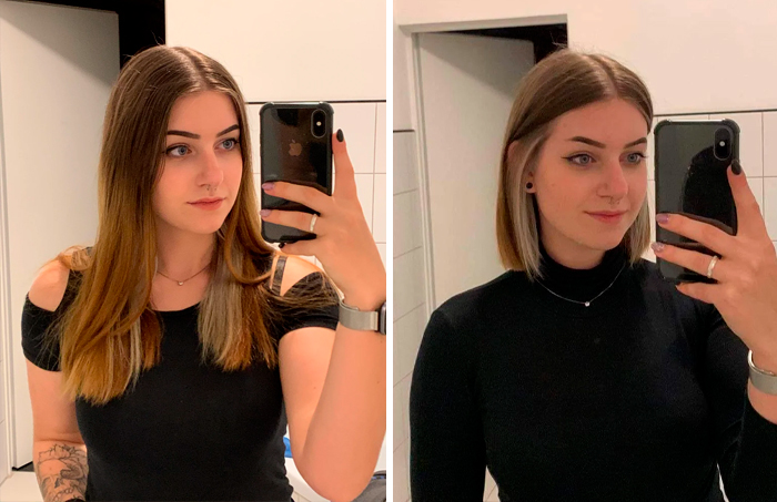 Woman taking selfies shows off her new haircut transformation from long to short bob.