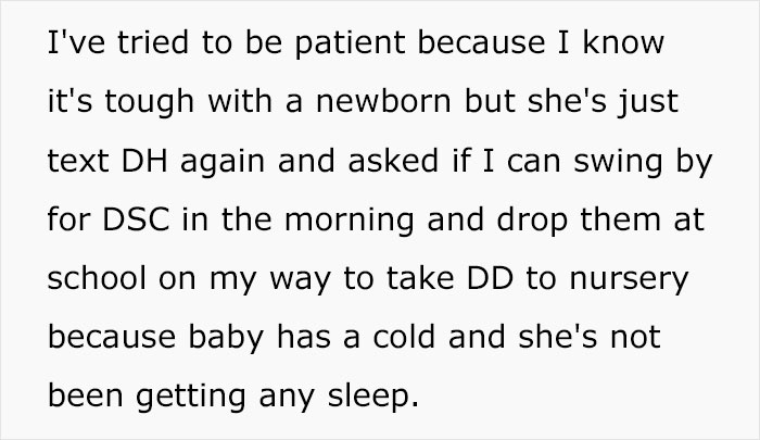 Text message addressing husband's ex's newborn baby issues and related responsibilities.