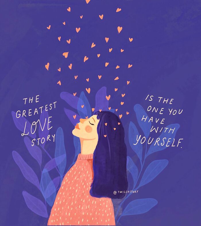 Illustration of a woman surrounded by hearts, promoting mental wellness and positivity, with a quote about self-love.