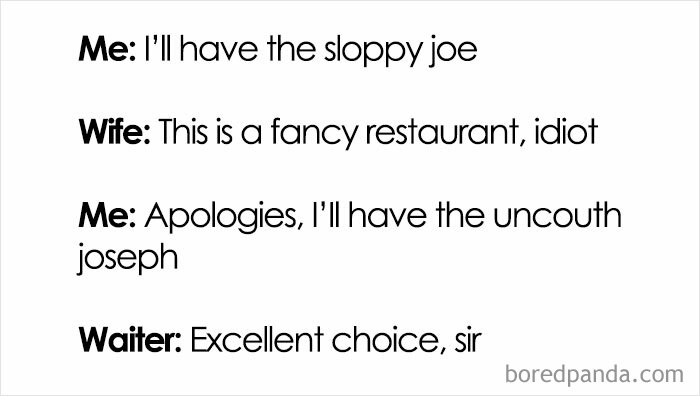 Text meme about ordering a "sloppy joe" in a restaurant for cooking enthusiasts.