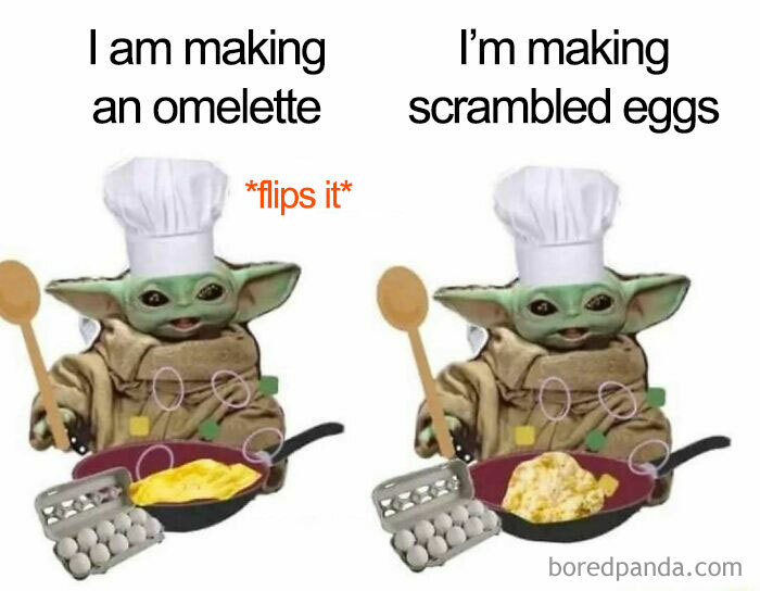 Baby character in chef hat humorously comparing making an omelette and scrambled eggs, appealing to cooking enthusiasts.