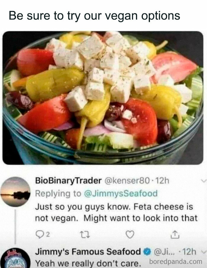 A salad with feta cheese labeled vegan, followed by a humorous social media exchange about cooking.