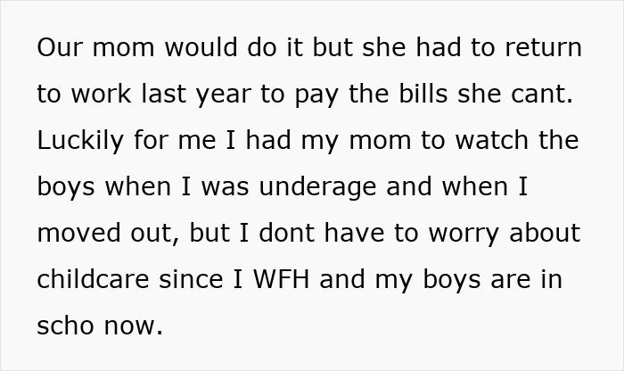 Text discussing childcare challenges and work-from-home arrangements, mentioning "work" and "childcare" issues within a family context.