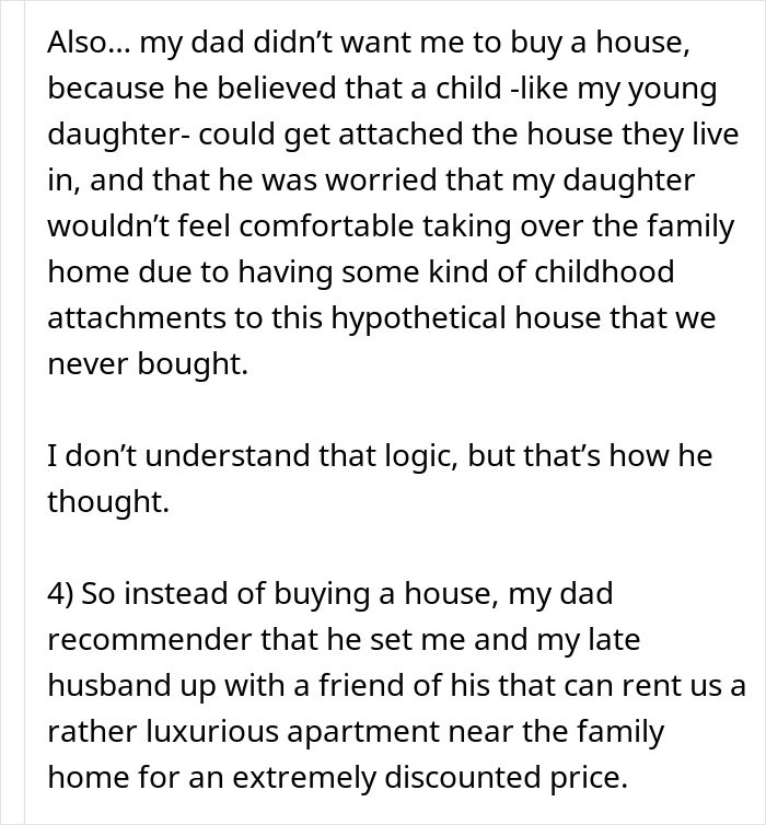 Text on a woman's concerns over inheritance and housing decisions by her father, highlighting family dynamics.