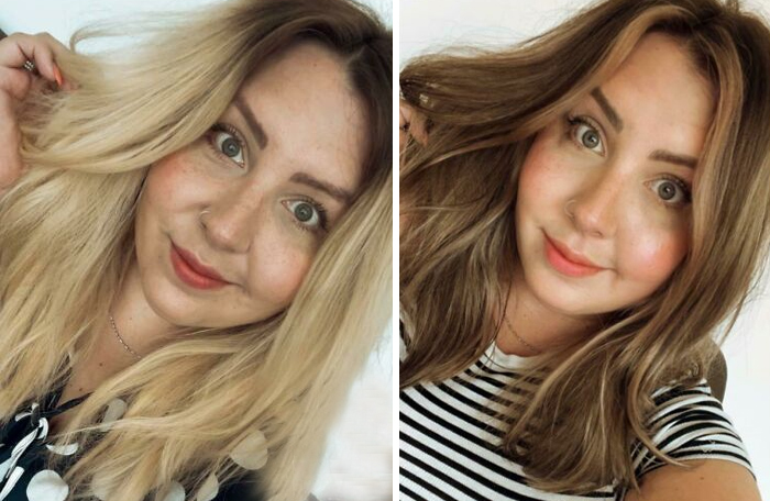 Woman shows haircut transformation; from blonde to brunette in styled photos.