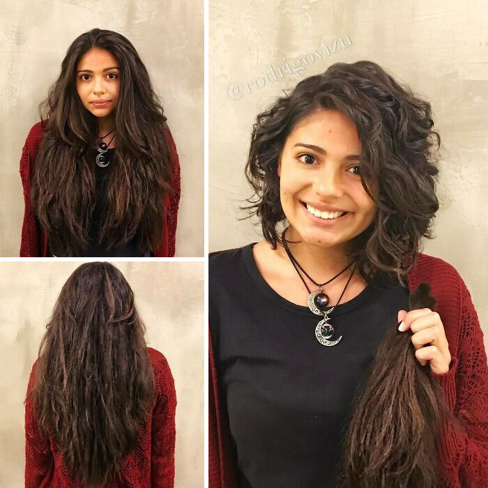 Woman with long dark hair before and short curly haircut after, showing a daring hairstyle change.