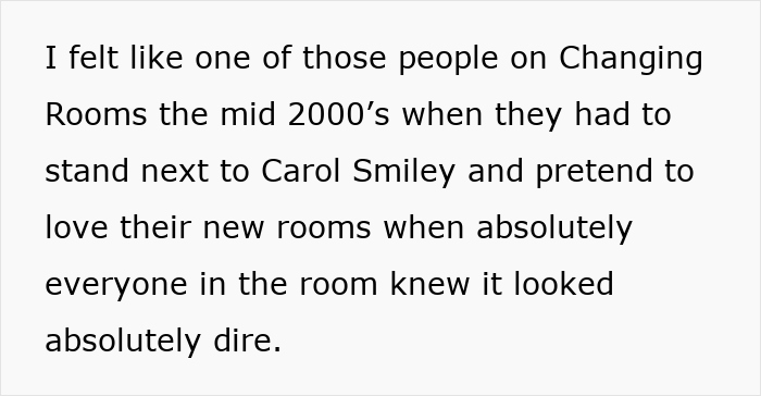 Text about a lounge redecoration looking dire, referencing a mid-2000s TV show scenario.