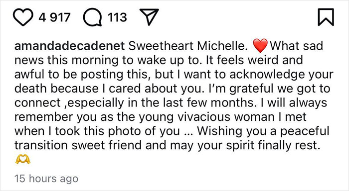 Instagram post lamenting Michelle Trachtenberg's tragic end, expressing heartfelt condolences and remembrance.