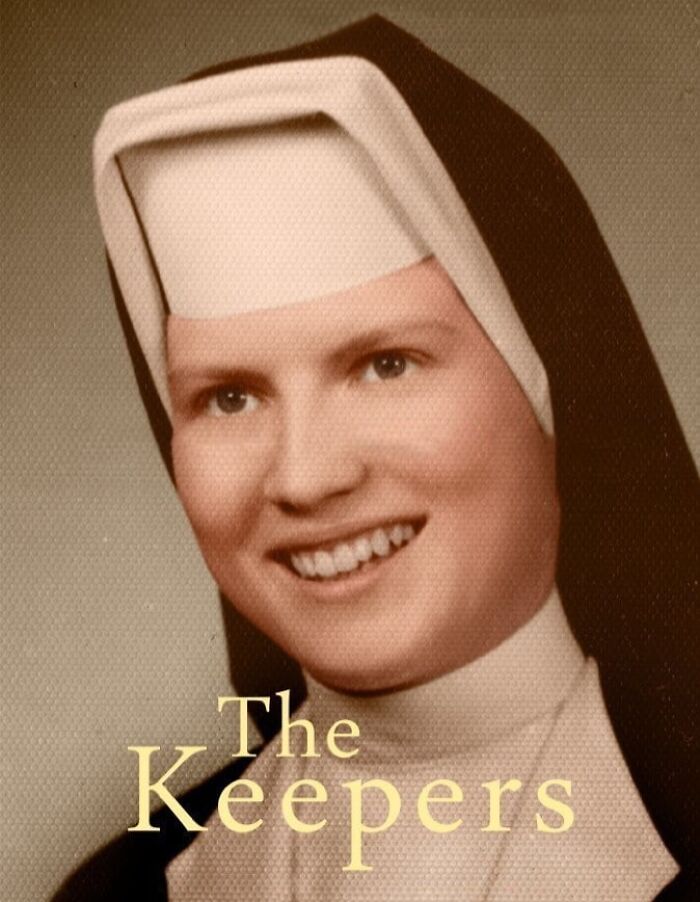 Nun in habit with "The Keepers" text, linked to true crime cases that inspired TV shows and movies.