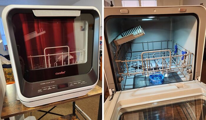 Compact countertop dishwasher displayed in two views, highlighting its practicality and design features.