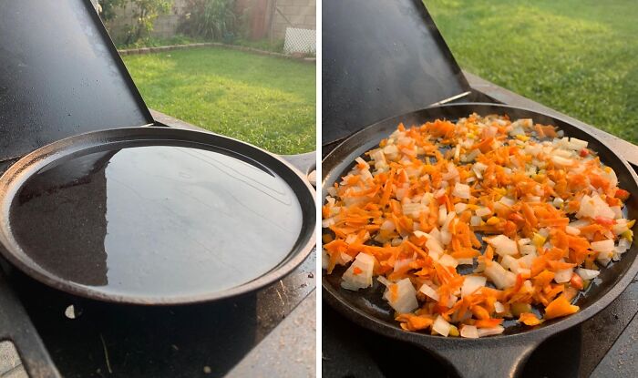 Empty skillet and one with diced vegetables cooking, highlighting cookware among things worth spending money on.