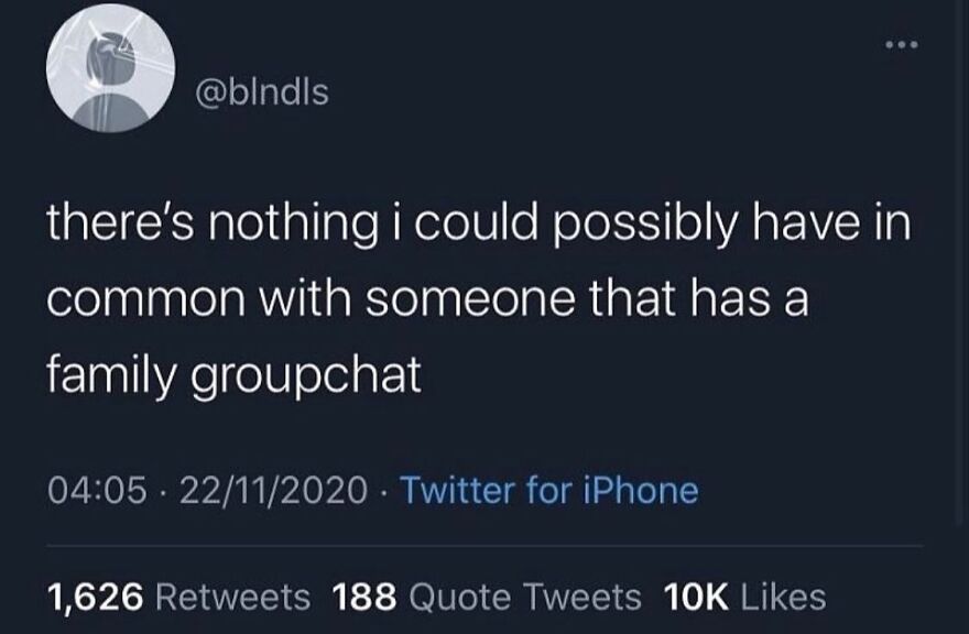 Tweet about not relating to someone with a family group chat, related to mental health memes.