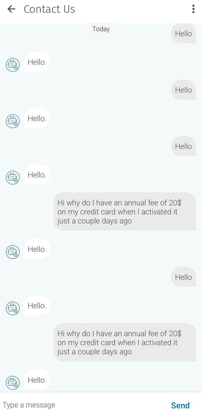 Chat support repeatedly replying "Hello" to a user's inquiry about an annual credit card fee, showcasing infuriating support replies.