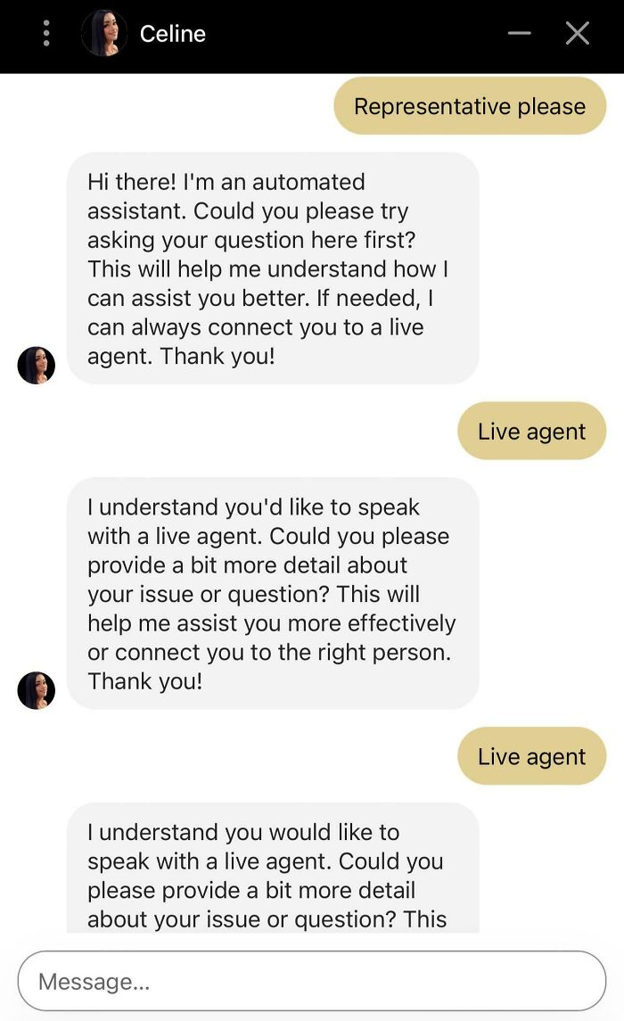 Automated replies in chat support prompting user for more details before connecting to a live agent.