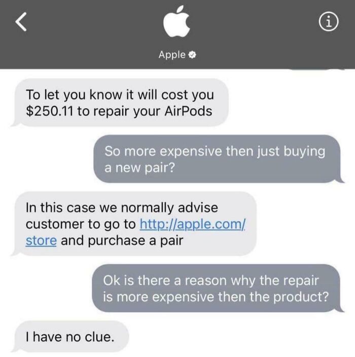 Chat support replies showing high repair cost for AirPods compared to buying new, highlighting infuriating response.