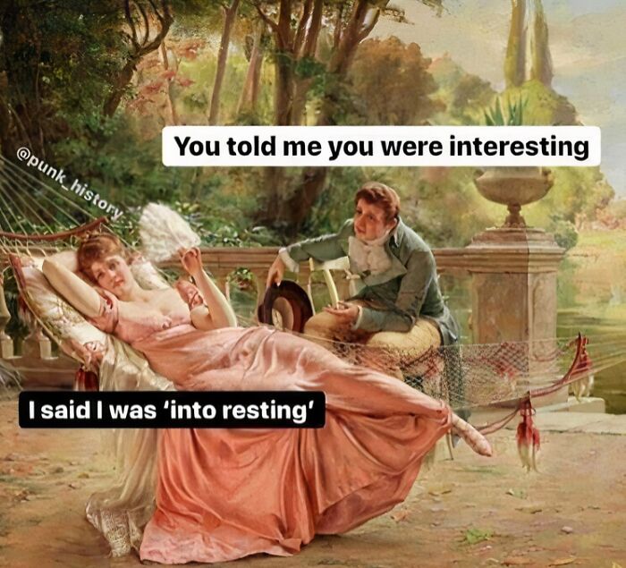 Period painting with a humorous text about dating in your 30s, showing a couple, a hammock, and a playful pun exchange.