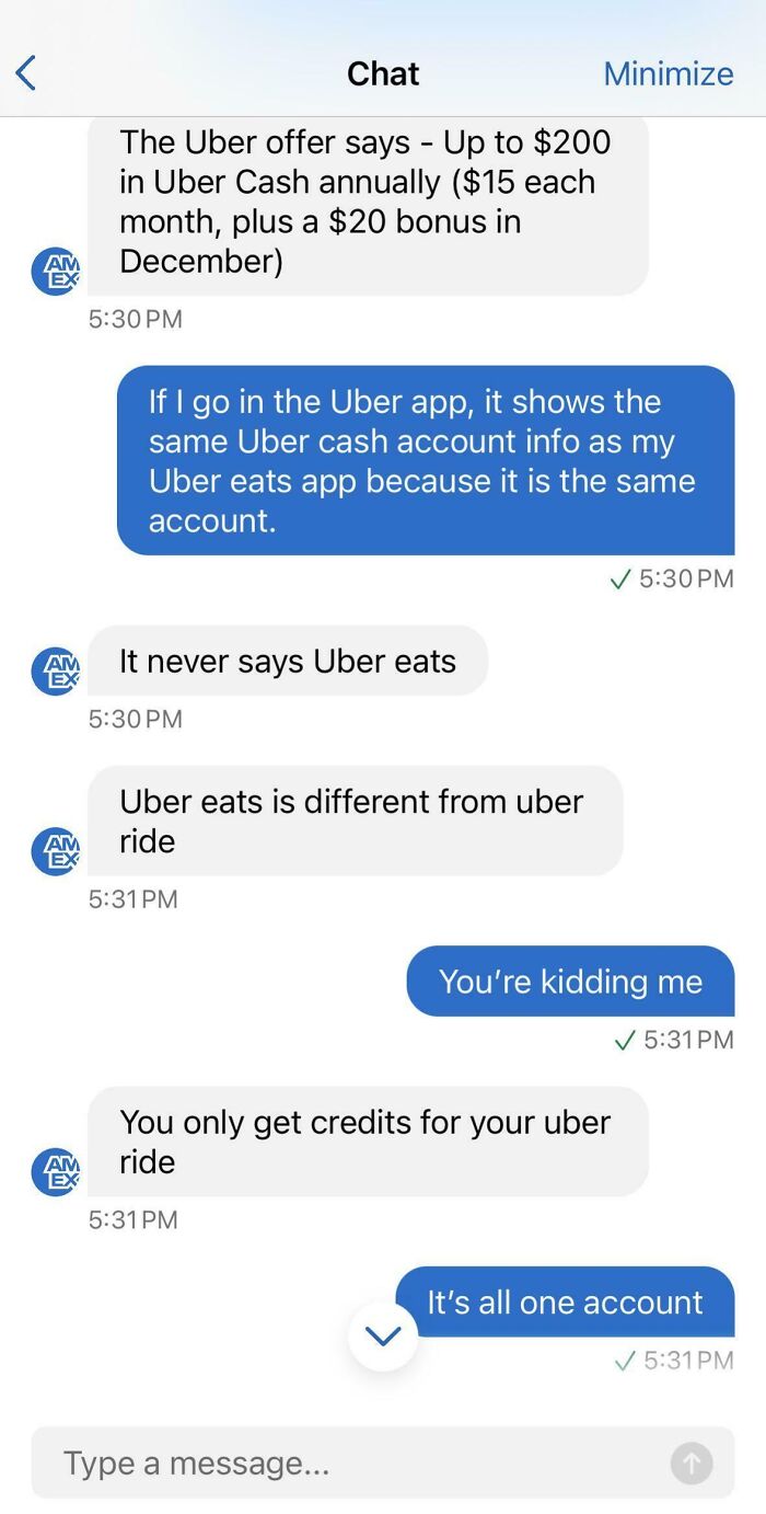 Chat showing infuriating support replies about Uber Cash, differences between Uber Eats and Uber Ride accounts.