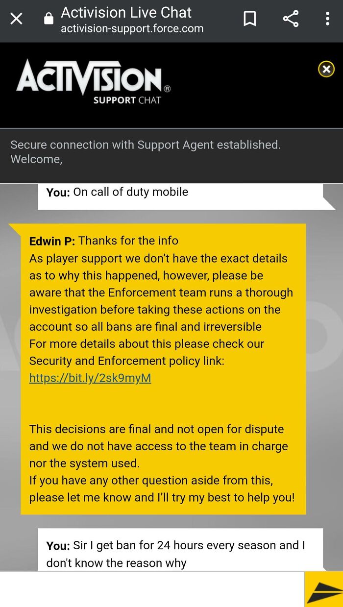 Live chat support exchange with frustrating replies about account bans, lacking detailed explanations.