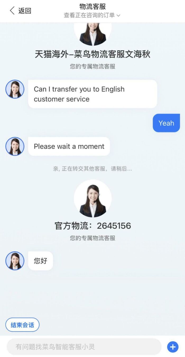 Chat screenshot showing infuriating support replies about transferring to English customer service.