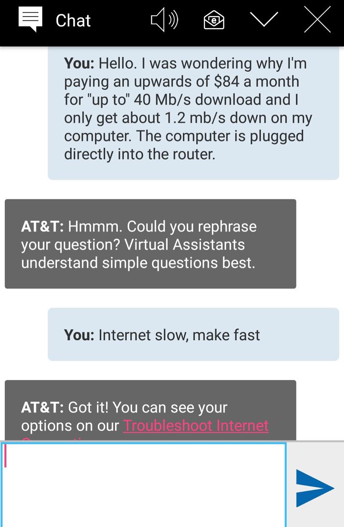 Chat screenshot showing infuriating support replies about slow internet speed and troubleshooting options.