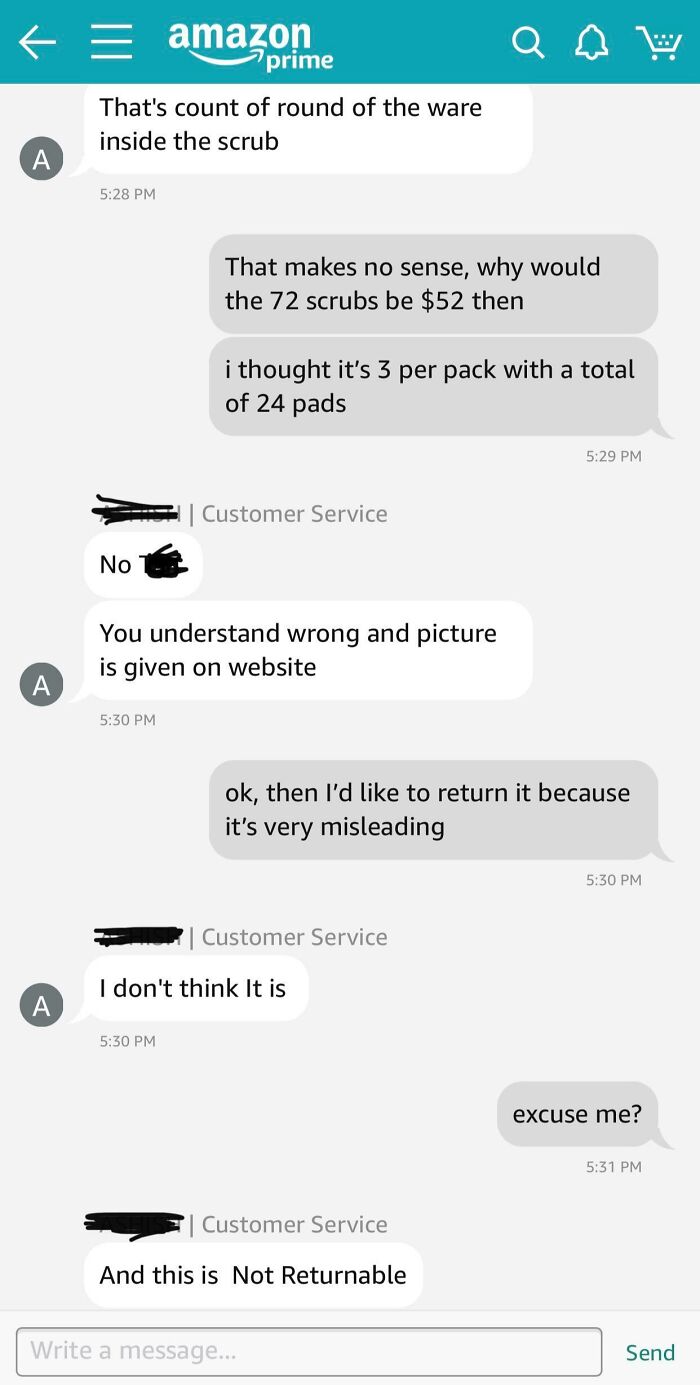 Customer chat showing infuriating support replies about non-returnable item misunderstanding.