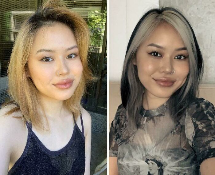 Before and after images of a woman with a dramatic haircut change, showcasing her hair transformation.