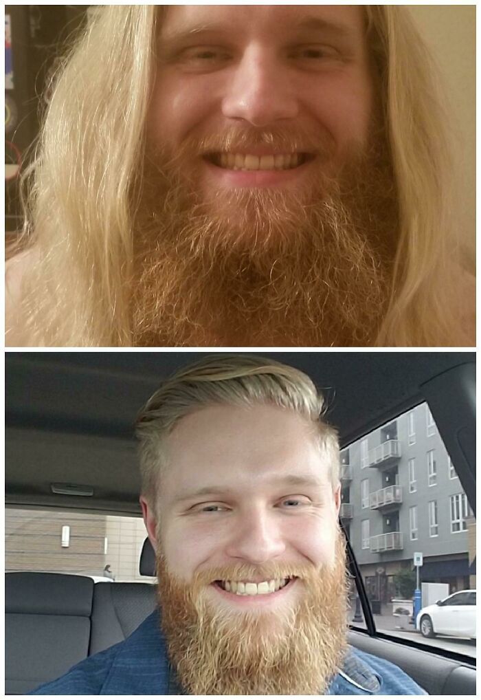 Before and after haircut transformation with a man smiling, showcasing a dramatic change in hairstyle.