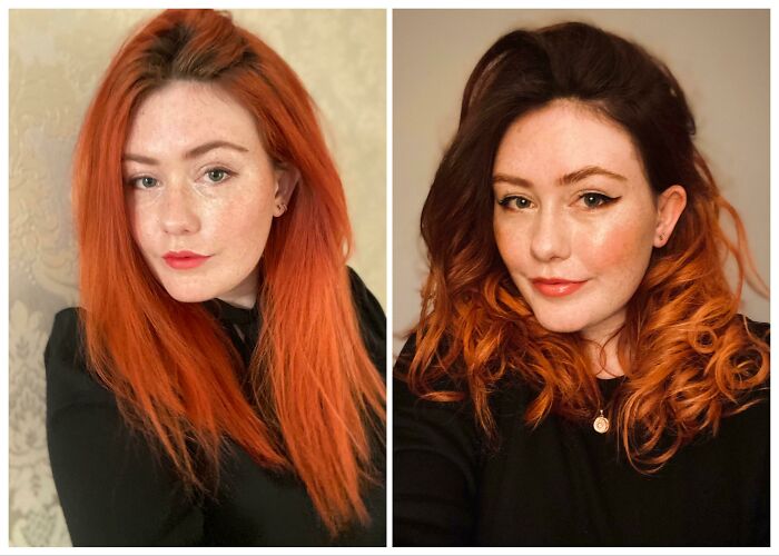 Before and after images showing a woman's complete haircut change with vibrant red and curled styling.