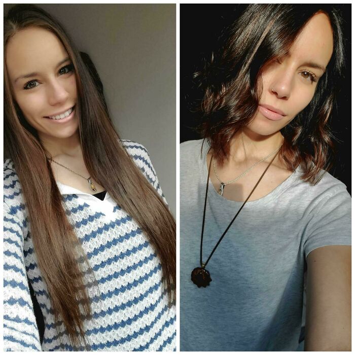 Person with long hair transformation to a short haircut, smiling in both before and after photos.