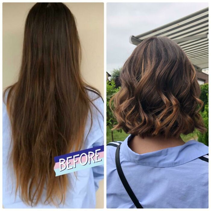 Long to short haircut transformation, with a wavy bob style in a blue shirt.